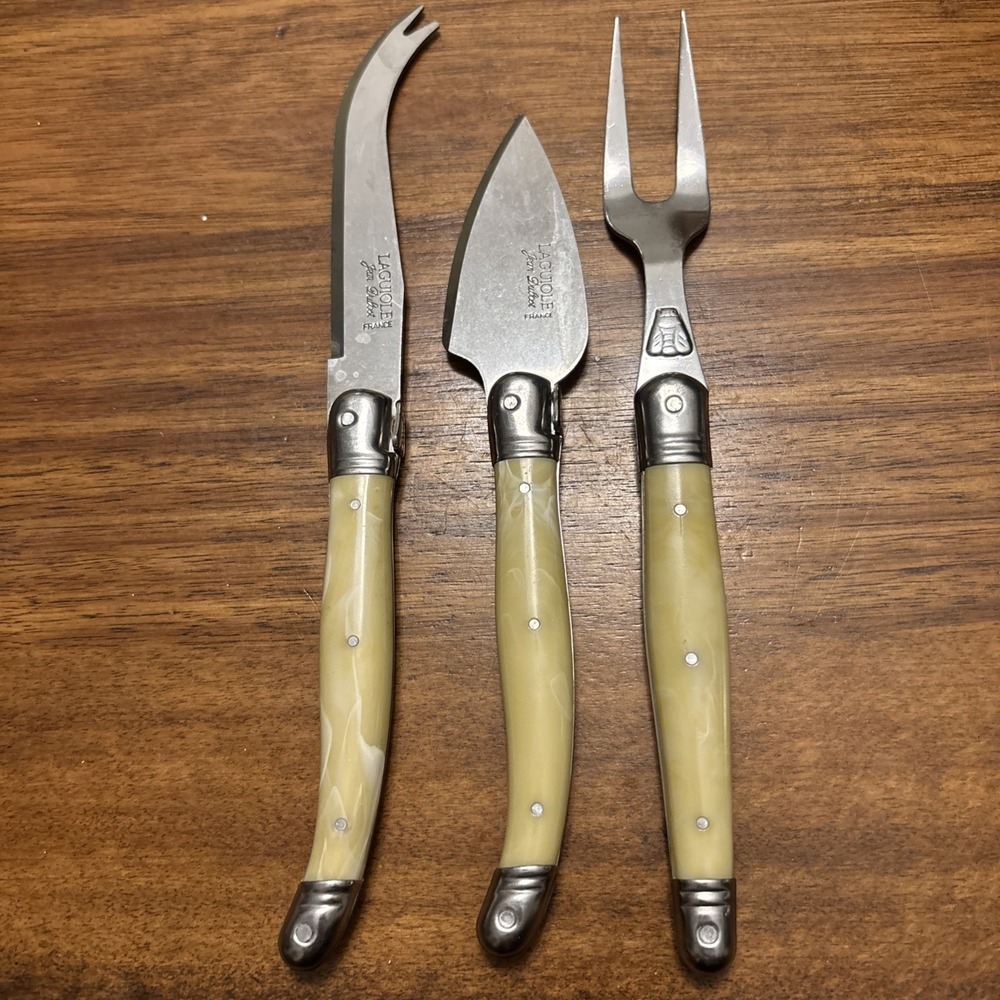 Laguiole Jean Dubost 3-Piece Cheese Cutlery Set Pearl White Handle Cleaver Fork